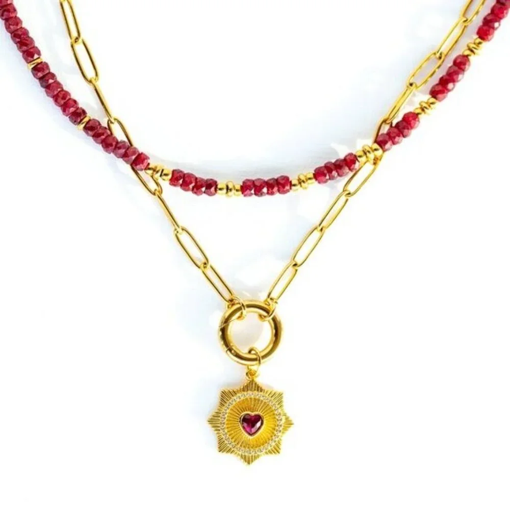 Ruby Beaded Necklace Gold Waterproof Chain July Birthstone Ruby Gemstone Jewelry - Picture 11 of 14